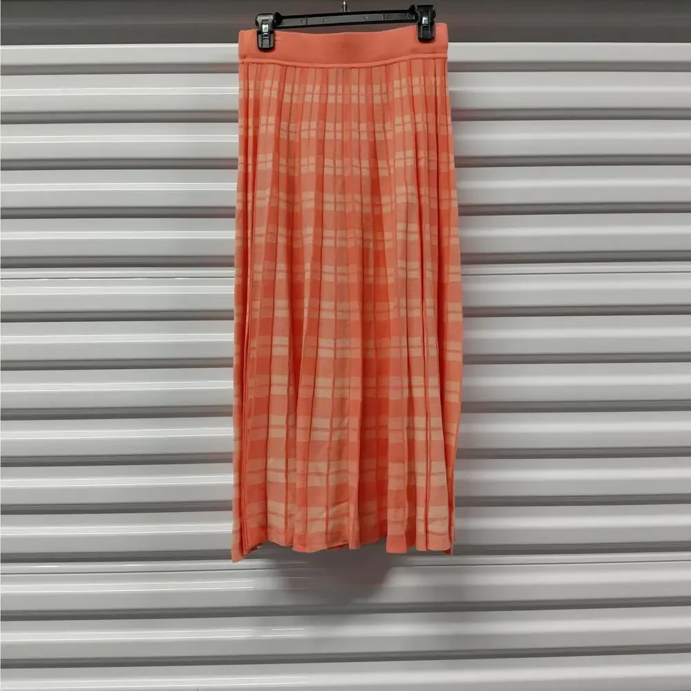 Kate Spade Women Skirt Size Small Peach Plaid Cottagecore Coquette Pleated Midi